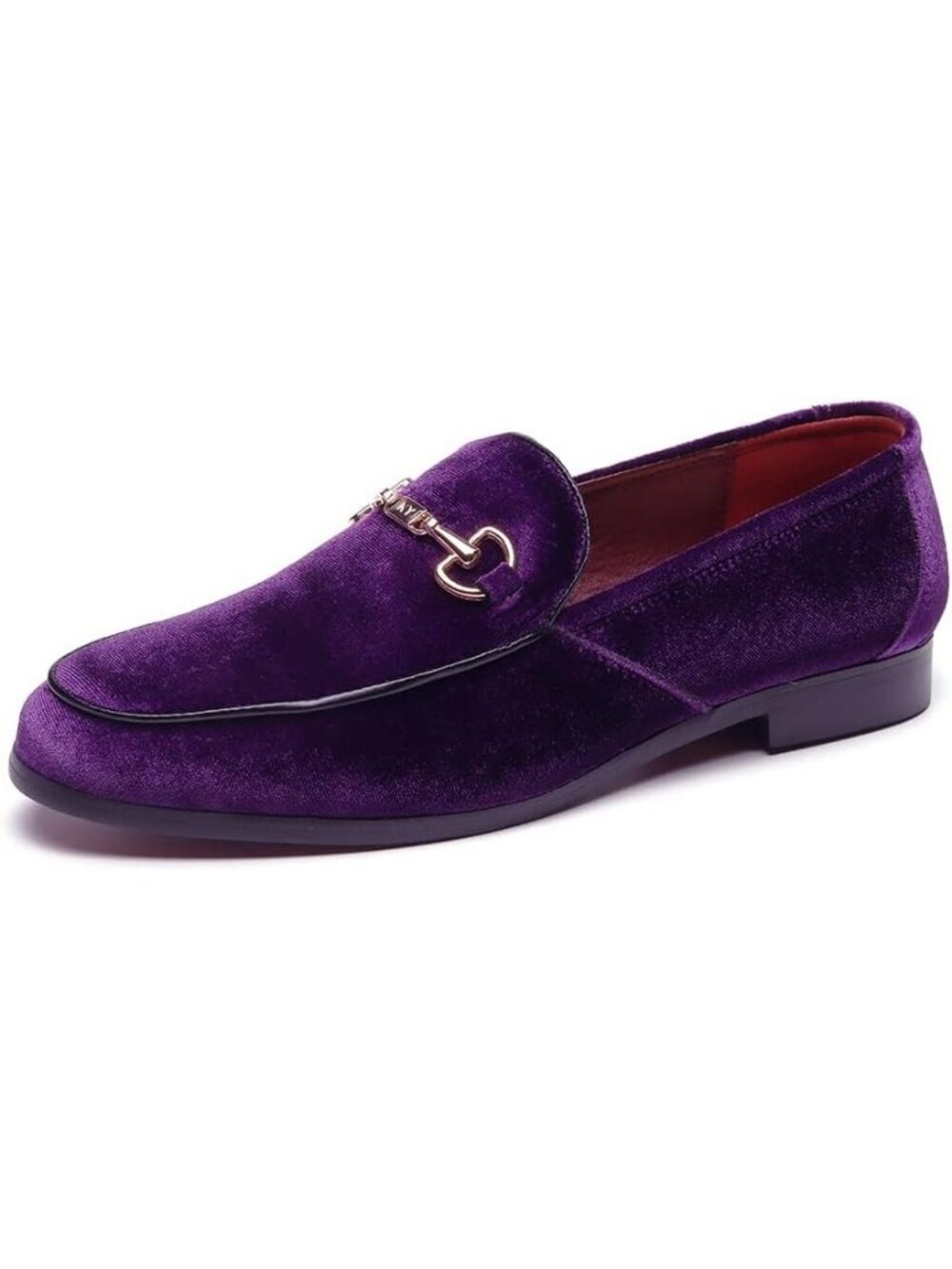 LCQL Men's Purple Leather Velvet Loafer Gold Buckle Slip On Comfortable Shoes
